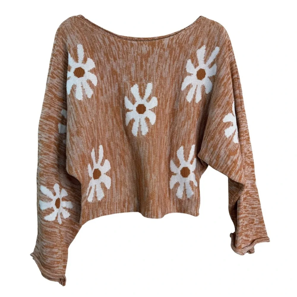Daisy Floral Knit Crop Sweater Womens Large Orange White Batwing Sleeve Pullover